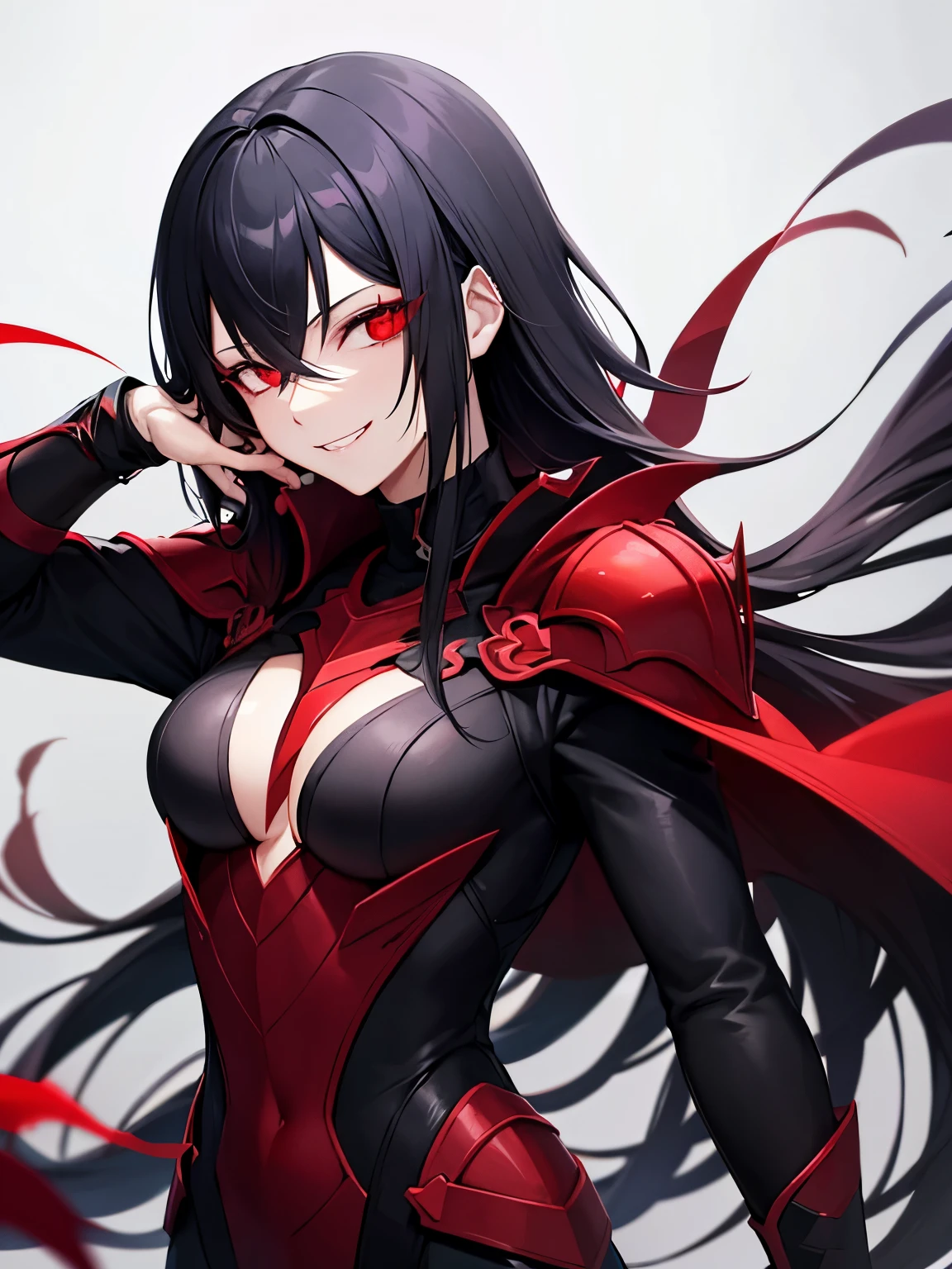 a woman with black hair and red streaks with a dark face, detailed left red eyes, ,