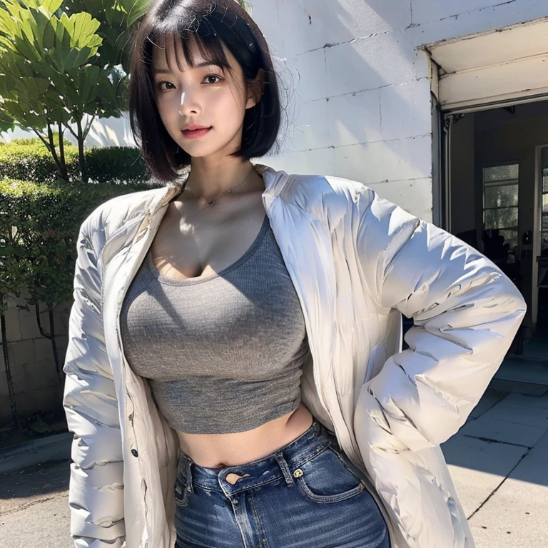 nsfw,(best quality, highres, ultra-detailed), realistic, HDR, professional, vivid colors, bokeh, 21years,Japanese woman, short black hair, slanted eyes, lowered eyebrows, thin chin,musk, slightly muscular body, Bust 88cm, E cup, waist 62cm, hips 89cm,Body fat percentage 22%,Slim jeans, white down jacket, Slim jeans, thick white down jacket, selfie