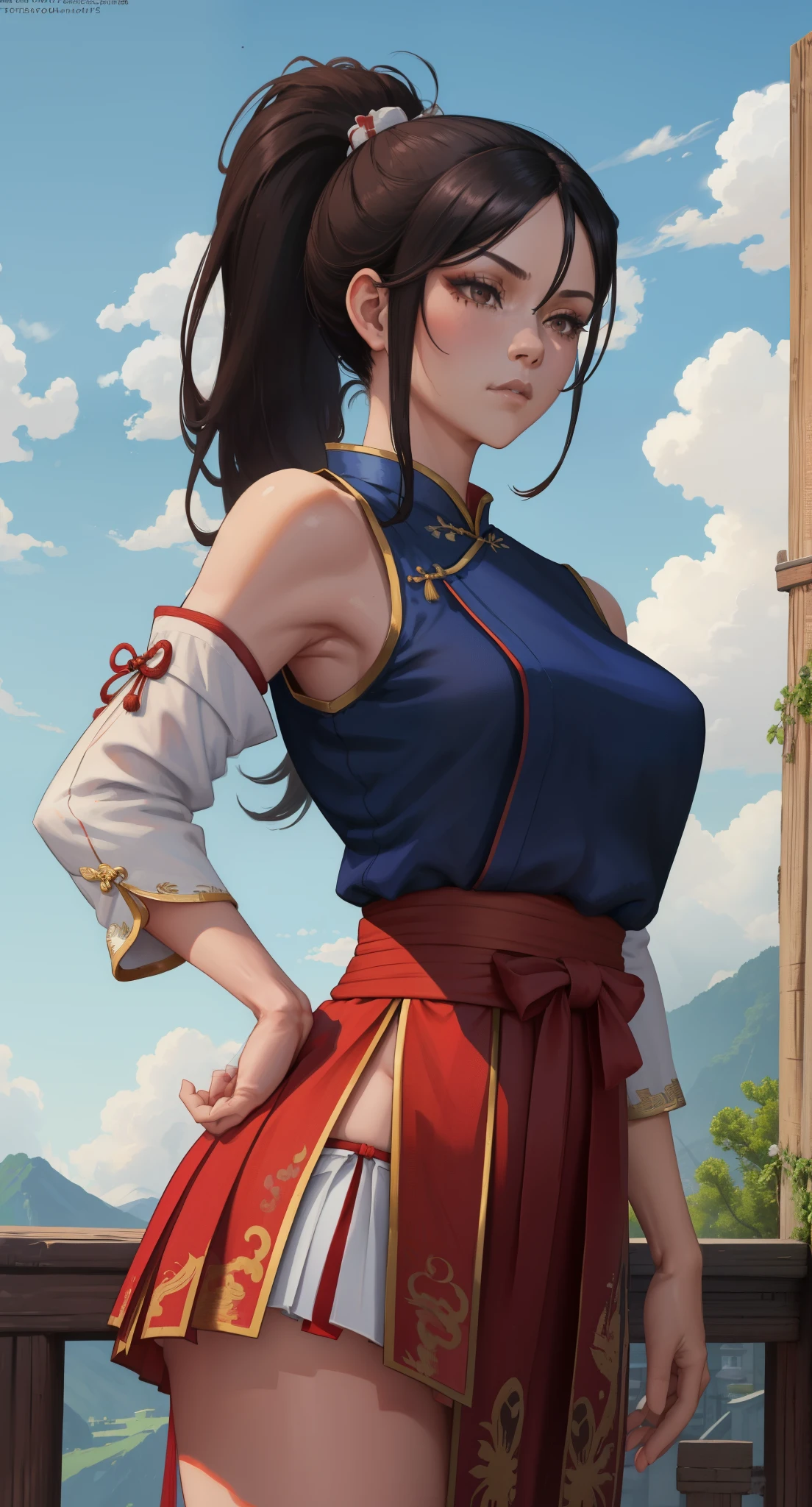 Paichang, ponytail , blue ribbon, brown eyes, long hair, black hair,
Standing in Kungfu pose, alone , Upper body,
hip, 
cowboy shot, 
red and white Chinese clothes, pink obi, super mini skirt, sleeve less, white panties、
blue sky, cloudy, evening,
(Extremely detailed, beautiful detailed face, masterpiece, highest quality 