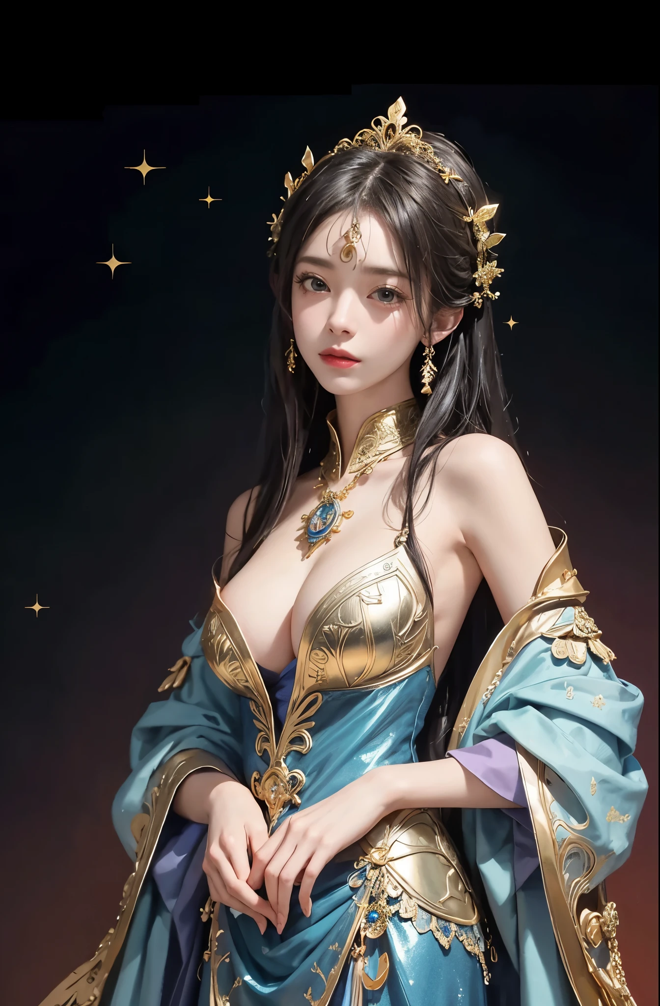 (masterpiece、highest quality、highest quality、official art、beautiful and aesthetic:1.2)、(1 girl)、extreme details、colorful、highest details、official art、unity 8k wallpaper、Super detailed、beautiful and aesthetic、big boobs、masterpiece、highest quality、(zentangle、mandala、tangle、Entanglement)、holy light、gold foil、gold foilアート、Glitter painting、blue costume、Perfect NwsjMajmagic、At the palace