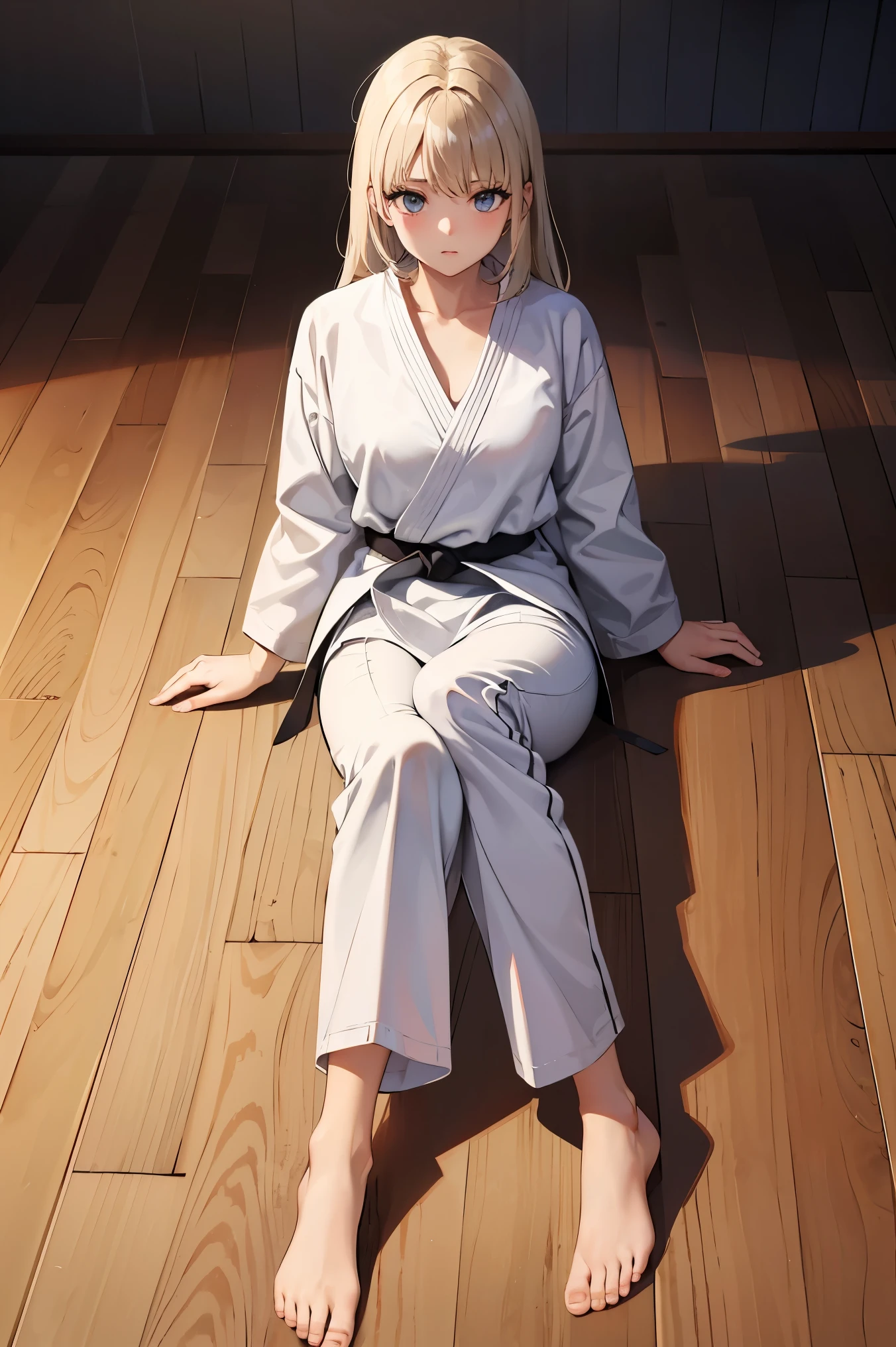 ((masterpiece, best quality, ultra-detailed, very fine 8KCG wallpapers)), 1girl, solo, medium breasts, long hair, silver hair, dougi, long sleeves, martial arts belt, white pants, barefoot, dojo, sleeping, nice hands, perfect hands,