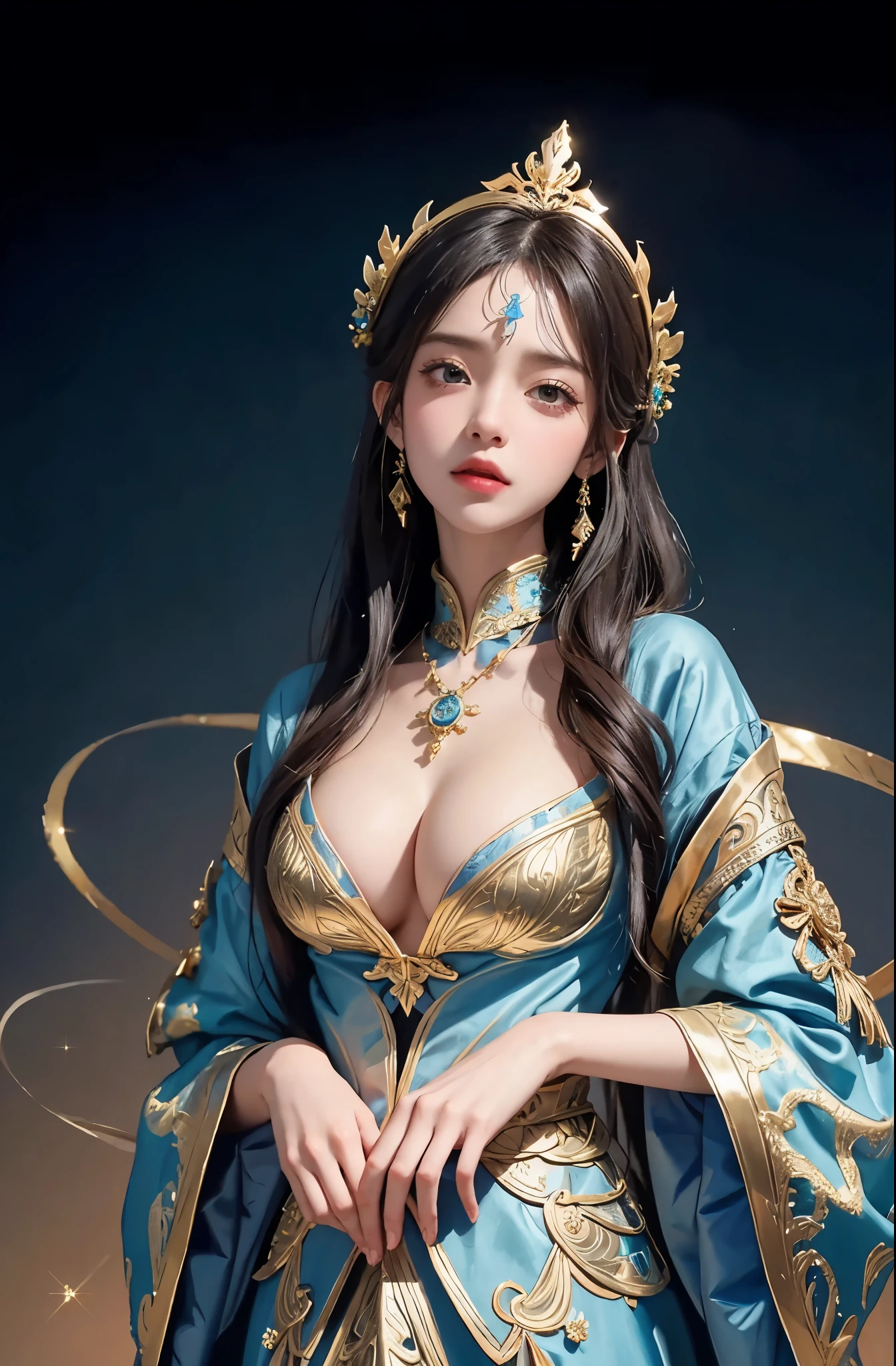 (masterpiece、highest quality、highest quality、official art、beautiful and aesthetic:1.2)、(1 girl)、extreme details、colorful、highest details、official art、unity 8k wallpaper、Super detailed、beautiful and aesthetic、big boobs、masterpiece、highest quality、(zentangle、mandala、tangle、Entanglement)、holy light、gold foil、gold foilアート、Glitter painting、blue costume、Perfect NwsjMajmagic、At the palace