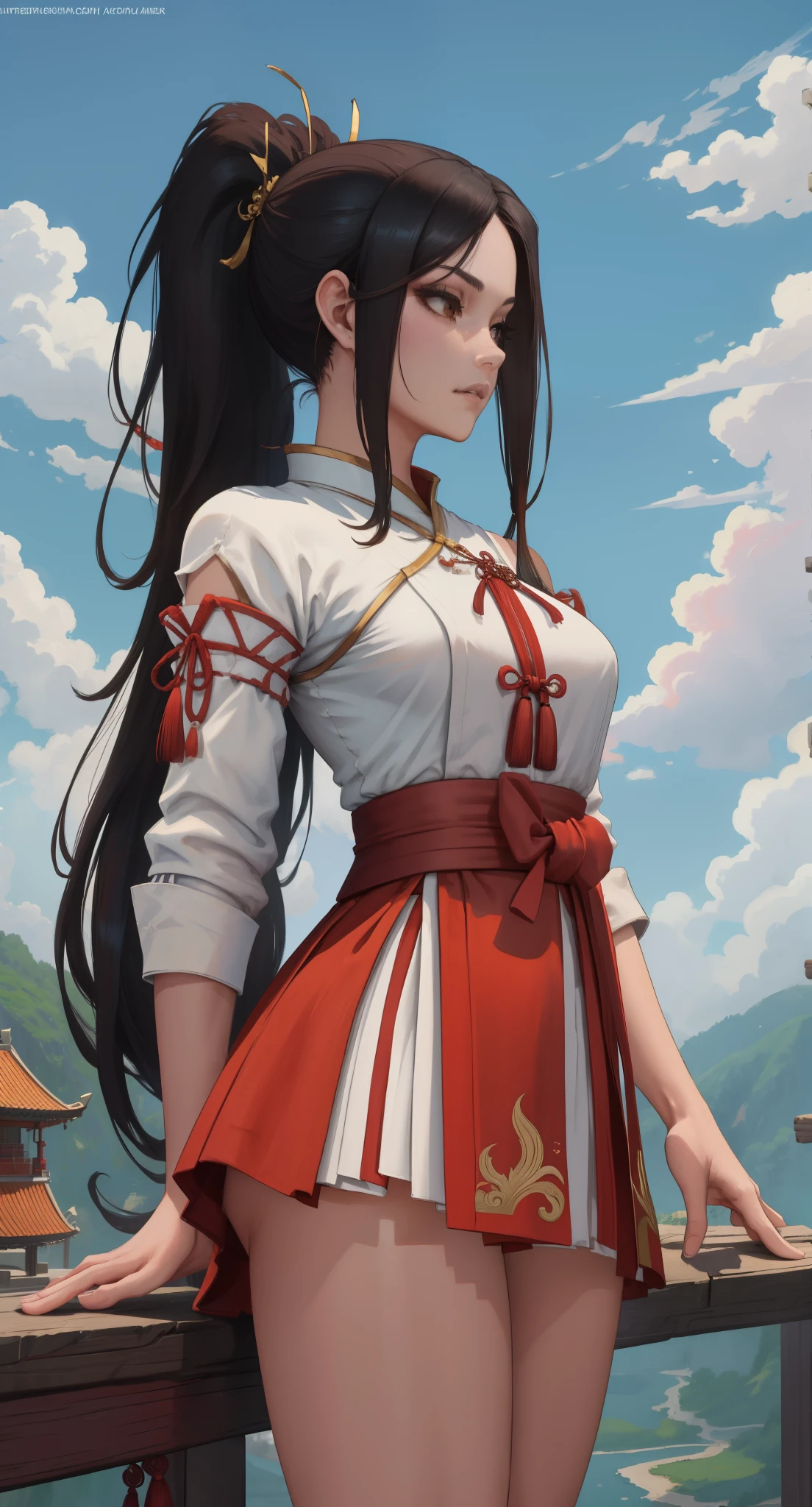 Paichang, ponytail , blue ribbon, brown eyes, long hair, black hair,
Standing in Kungfu pose, alone , Upper body,
hip, 
cowboy shot, 
red and white Chinese clothes, pink obi, super mini skirt, sleeve less, white panties、
blue sky, cloudy, evening,
(Extremely detailed, beautiful detailed face, masterpiece, highest quality 