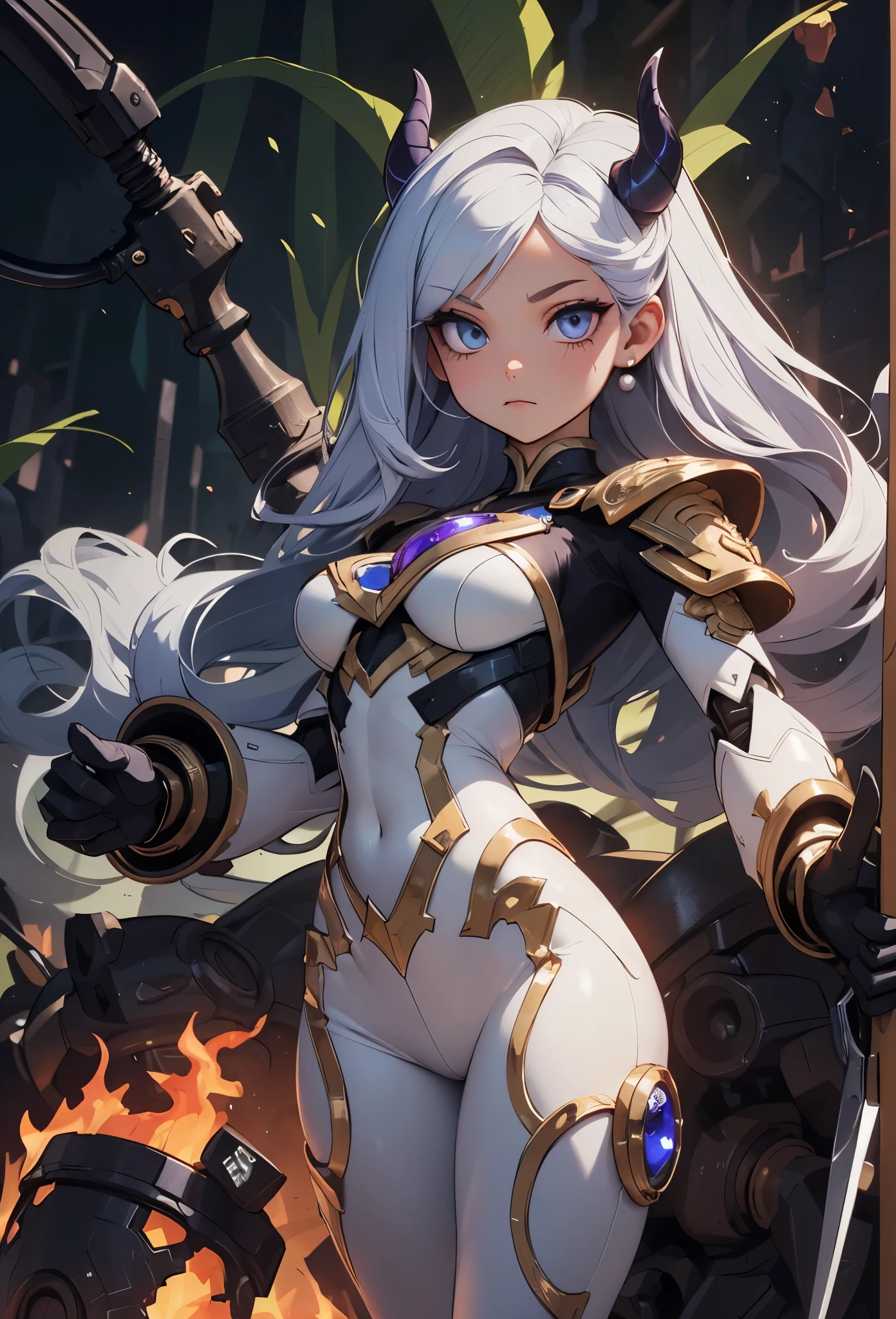 ((Highly accurate drawing in every detail)Extremely precise depiction)[High resolution],(detailed illustrations,Very detailed and precise drawing,Delicate drawn lines with tempo,Realistic texture expression),[color traced main line],(Fantasy World Battlefield Background [burning castle]),(GIRL ROBOT 15yo (White Devil [METALFACE[clear lenticular iris]] (SKINNY)) [WEAPON MACHINE][milky],[BODY with EDGE [Transparent material]],[use an ax as a weapon],[[Mobile Weapon Gigant Size][science fiction mechanical]],(Pearl white luster on the body surface),(intricate and beautiful decoration [Dense detail]),(Precisely drawn face)[perfect eye details(Beautifully detailed iris)(Eyes like deep jewels)],(eyes light[Pinpoint lighting for the eyes]),[long and beautiful eyelashes],[precisely drawn hair [Beautiful and shiny hair details]],(perfect hand details [Beautiful fingers with no damage [beautiful nails]]),(perfect anatomy(perfectly balanced proportions))[[full body portrait]],[ideal color coordination(Accurate simulation of light and material interactions)],[Visual art that tells a story].