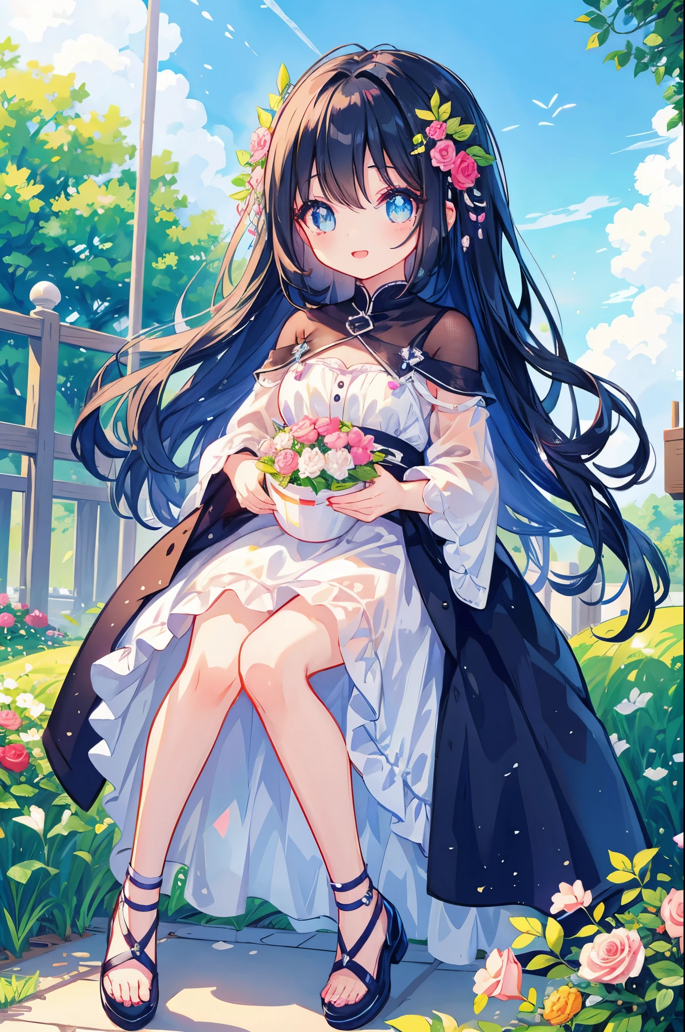 (((masterpiece)))、(((highest quality)))、((Very detailed))、(Awareness-raising)、((Very delicate and beautiful))、Dynamic Angle、、floating、Black Hair、(Detailed light) (1 girl)、、Put flowers in a basket、alone、Long-haired person、The wind is blowing、world、originally、Some flowers are blooming、Nature's Maze、(wood々Tunnel)(forest)