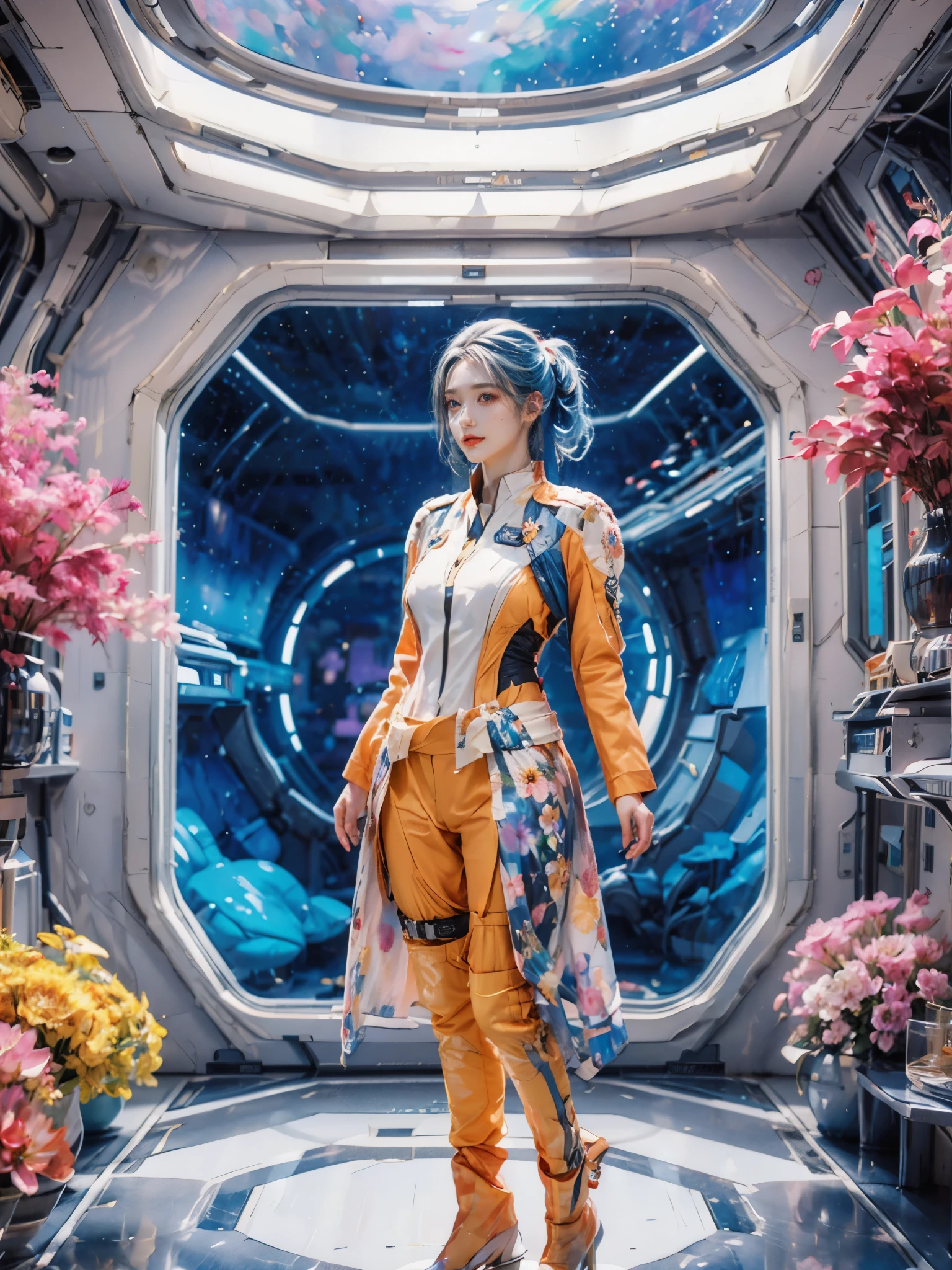 Full-length portrait of a 24-year-old female starship captain,In a futuristic sci-fi scenario,Highlighting her full body image and starship interior。she stands confidently,Captain dressed in futuristic sci-fi style,It is both fashionable and marks her class。her expression will be smiling、Calmness combined with a touch of cuteness,Make her instantly lovable。Background reveals the interior of the starship,Contains advanced technical controls、Screens and futuristic design elements,Enhanced science fiction theme。The scene should capture her leadership qualities and the advanced environment of the starship,Portraying her as a competent and admirable captain in the future world。, (floral watercolor painting:1.5),(Super high saturation, bright and vivid colors:1.5), (nsfw), (Look at the audience head-on:1.5)