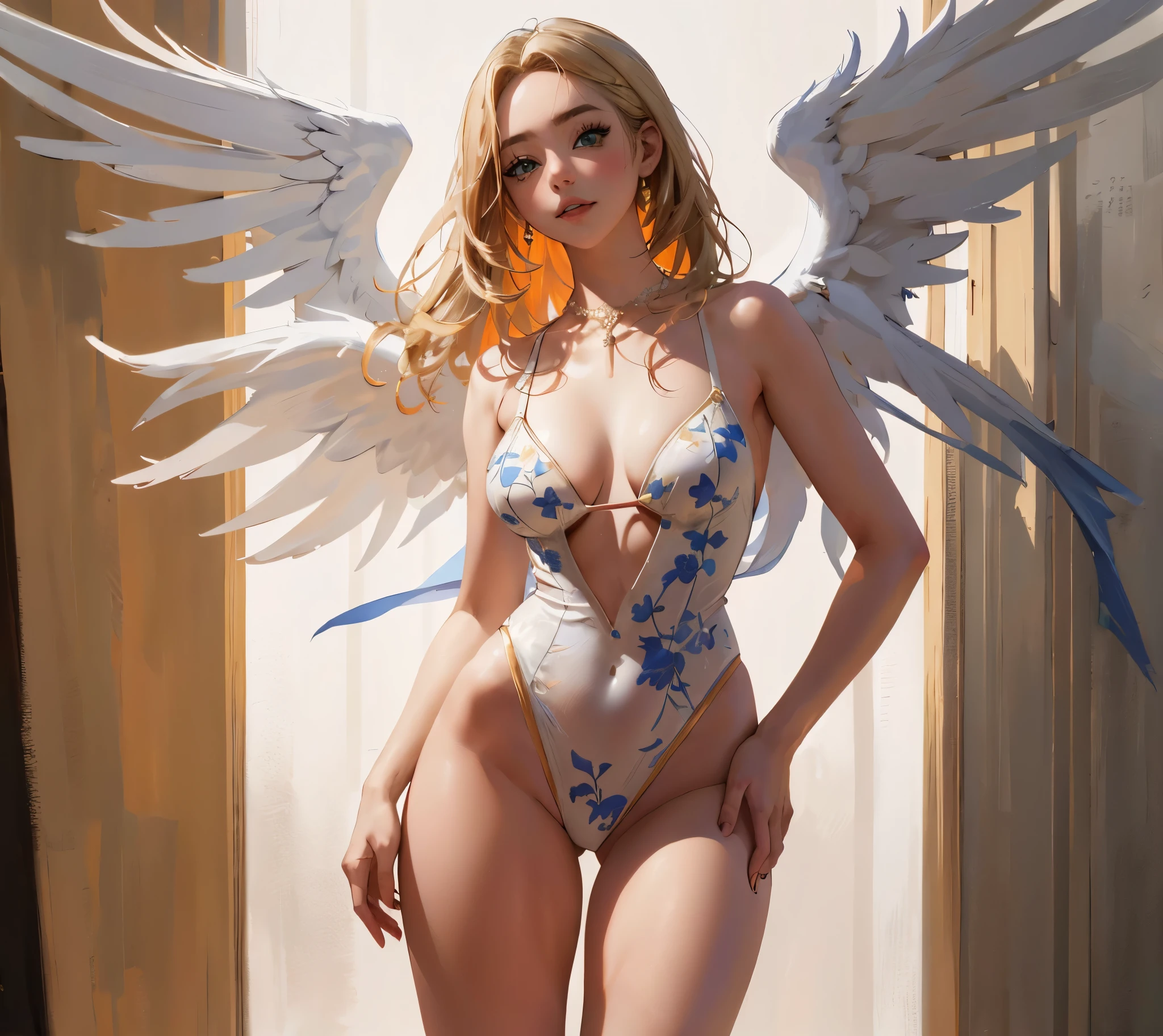 blonde woman in white and blue swimsuit with wings, majestic full body angel, rossdraws 1. 0, rossdibuja 2. 5, Ross draws global illumination, of beautiful angel, Pintura digital RossDrew, merced ( Supervision ), rossdibuja 2. 0, beautiful cyborg angel girl, Inspirado por RossDrew, beautiful female angel, hasta el modelo | germen de arte