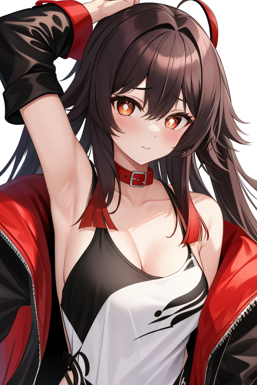 HuTaoV4,1girl,solo,long hair, off shoulder, collar bone, cleavage, look at viewer, perfect fingers, armpit peek, jacket, one piece clothes, frill, 