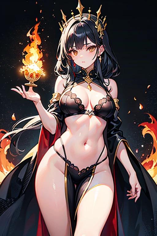 young woman, perfect body, shinny golden eyes, perfect boobs, perfect thighs, fire crown, long golden black curvy hair, transparent long black dress, lingerie, exposed belly, exposed thighs, red and gold mixture cloths, highly detailed enchanted cloths, standing and starring, head to mid thigh:4.5 photo, eye level camera angle, dark lighting, fire radiation, flames background, detailed background, fantasy art, hyper realistic,