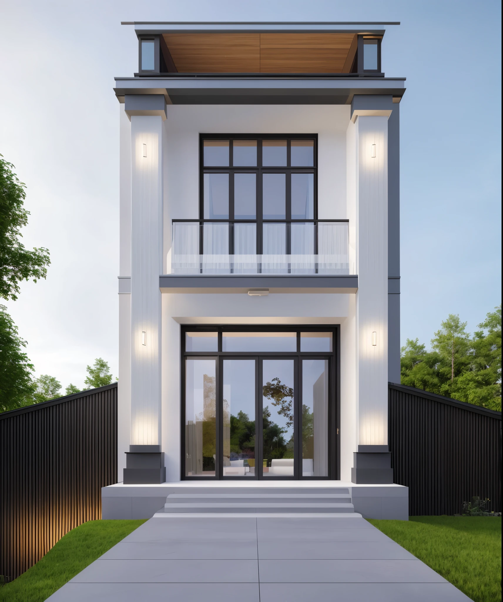 modernvilla, fully tiled, white and wood color, trees, architecture, vivid colour, masterpiece,best quality,super detailed,realistic,photorealistic, 8k, Real Photos of a building