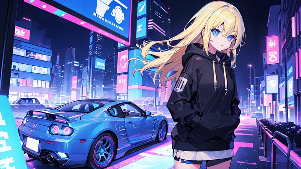 (1 girl, blonde hair, blue eyes, black hoodie, sports car, kawaii), (blue cyberpunk, night city, blue neon)