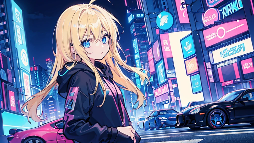 (1 girl, blonde hair, blue eyes, black hoodie, sports car, kawaii), (blue cyberpunk, night city, blue neon)