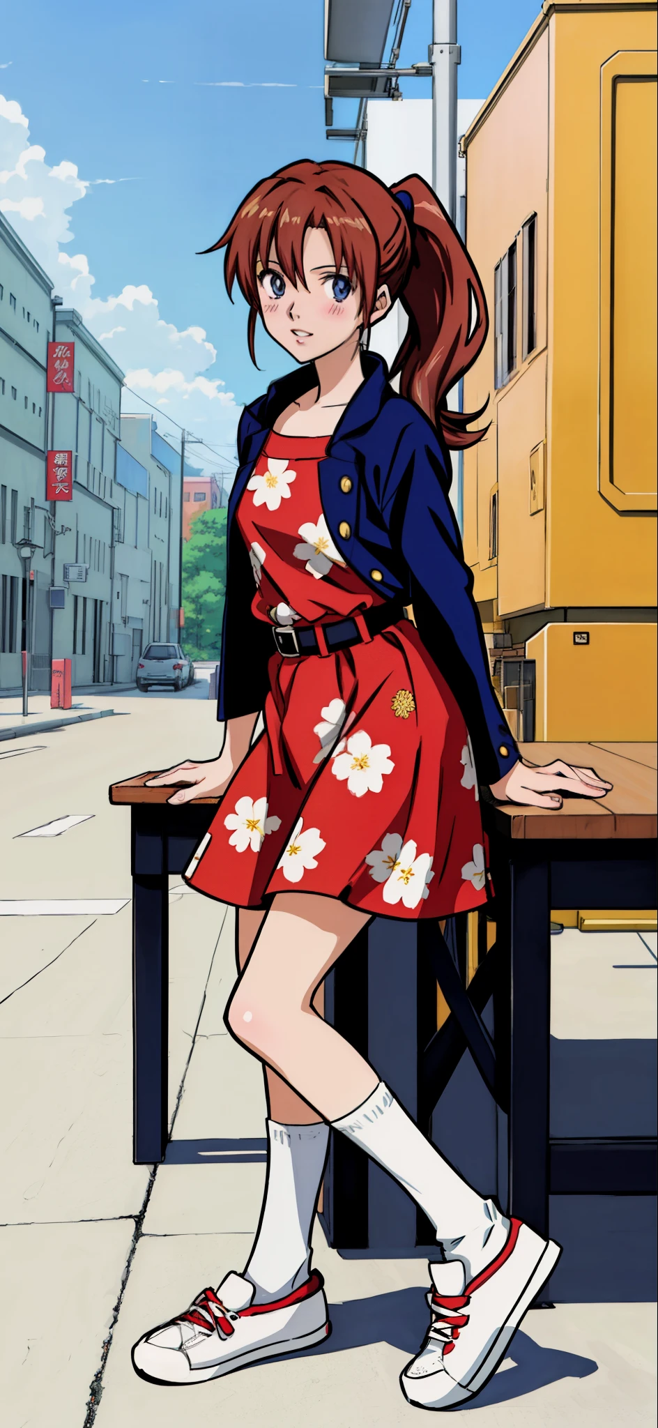 (highest quality,4K,8K,High resolution,table top:1.2), Super detailed, (realistic,photorealistic,photo-realistic:1.37), Active beautiful girl, arms behind back,), (blush),(laugh),((caramel hair color)),((medium long hair)),((ponytail hairstyle)), ((messy hair)),((hair covers eyes)),((floral pattern dress)), spread your legs,((socks)),(sneakers),espadrilles,beautiful and detailed eyes, beautiful detailed lips, highly detailed eyes and face, long eyelashes, realistic anime 3D style, Smooth anime CG art, Digital rendering by Makoto Shinkai, Moe anime art style, photorealistic rendering of an anime girl, Shinkai Makoto style, Cute anime girl visuals, realistic young anime girl, girl fan art, Created by Anime Artist'studio of.