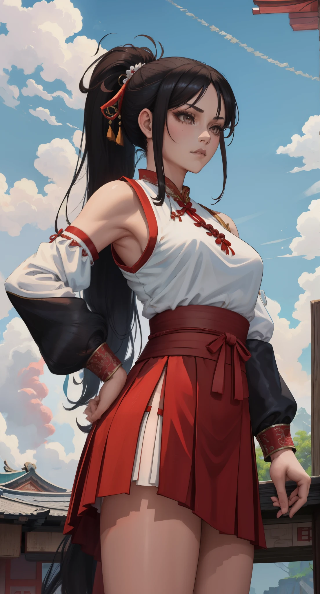 Paichang, ponytail , blue ribbon, brown eyes, long hair, black hair,
Standing in Kungfu pose, alone , Upper body,
hip, 
cowboy shot, 
red and white Chinese clothes, pink obi, super mini skirt, sleeve less, white panties、
blue sky, cloudy, evening,
(Extremely detailed, beautiful detailed face, masterpiece, highest quality 