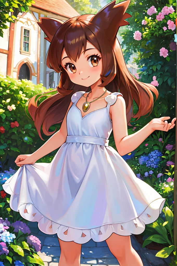 Bianca (pokemon heroes), 1 girl, solo, brown hair, brown eyes, bare shoulders, a blue Diamond necklace, little white dress, skin-tight dress, close up headshot, intricate details, sharp focus, high resolution, the background of beautiful garden, Outside the Mansion Sunset, Smile, Looking at You, Standing up, beautiful sunny day, smile