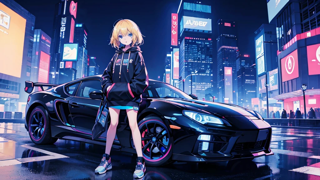 (1 girl, blonde hair, blue eyes, black hoodie, sports car, kawaii), (blue cyberpunk, night city, blue neon)