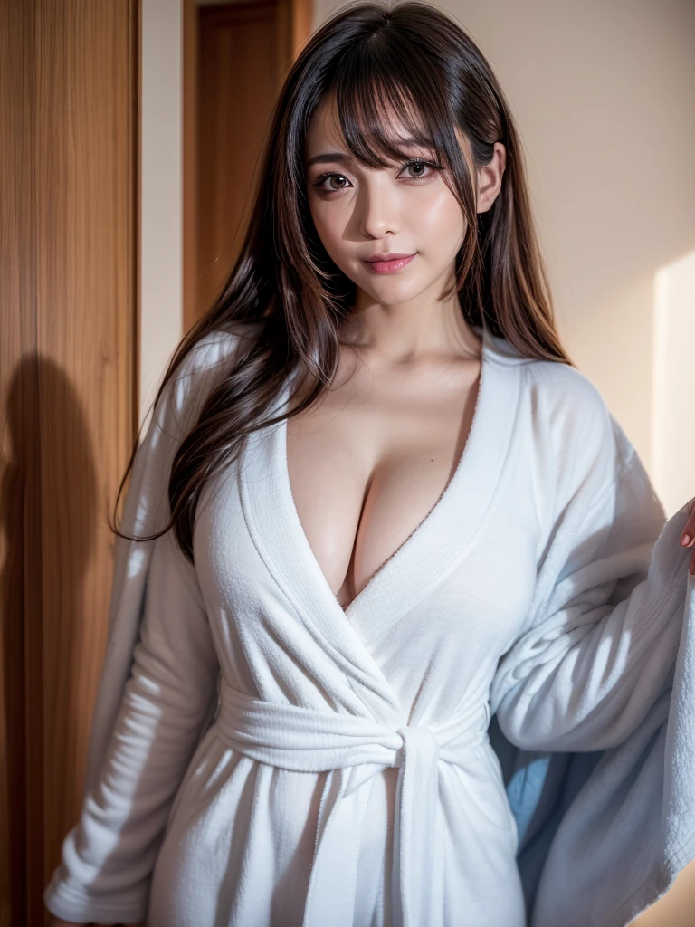 melhor qualidade, 4k, realista, a beautiful woman with sloping breasts are round, e grandes duros, she&#39;s standing straight in front of you, ela esta de (TERRY BATHROBE) de cor branca com decote aberto, seu cabelo e muito compridos que se espalham com vento com um Sorriso malicioso.