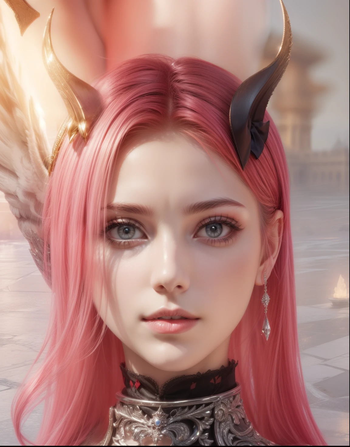 there is a woman with a pink hair and a red dress, lineage 2 revolution style, with very highly detailed face, 8k selfie photograph, devious evil expression, character close up, close up character, final fantasy 14 style, inspired by Pu Hua, from lineage 2, new character, kanliu666, ingame image