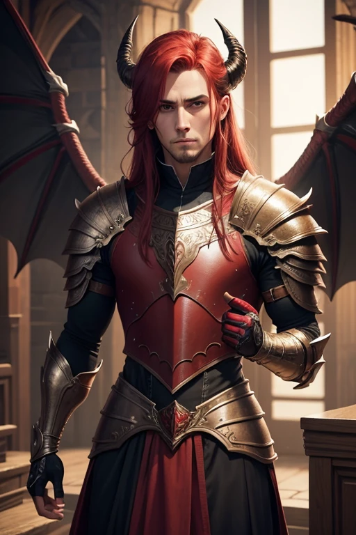 male red dragon Red hair dragon horn Dragon Wings armor in throneroom