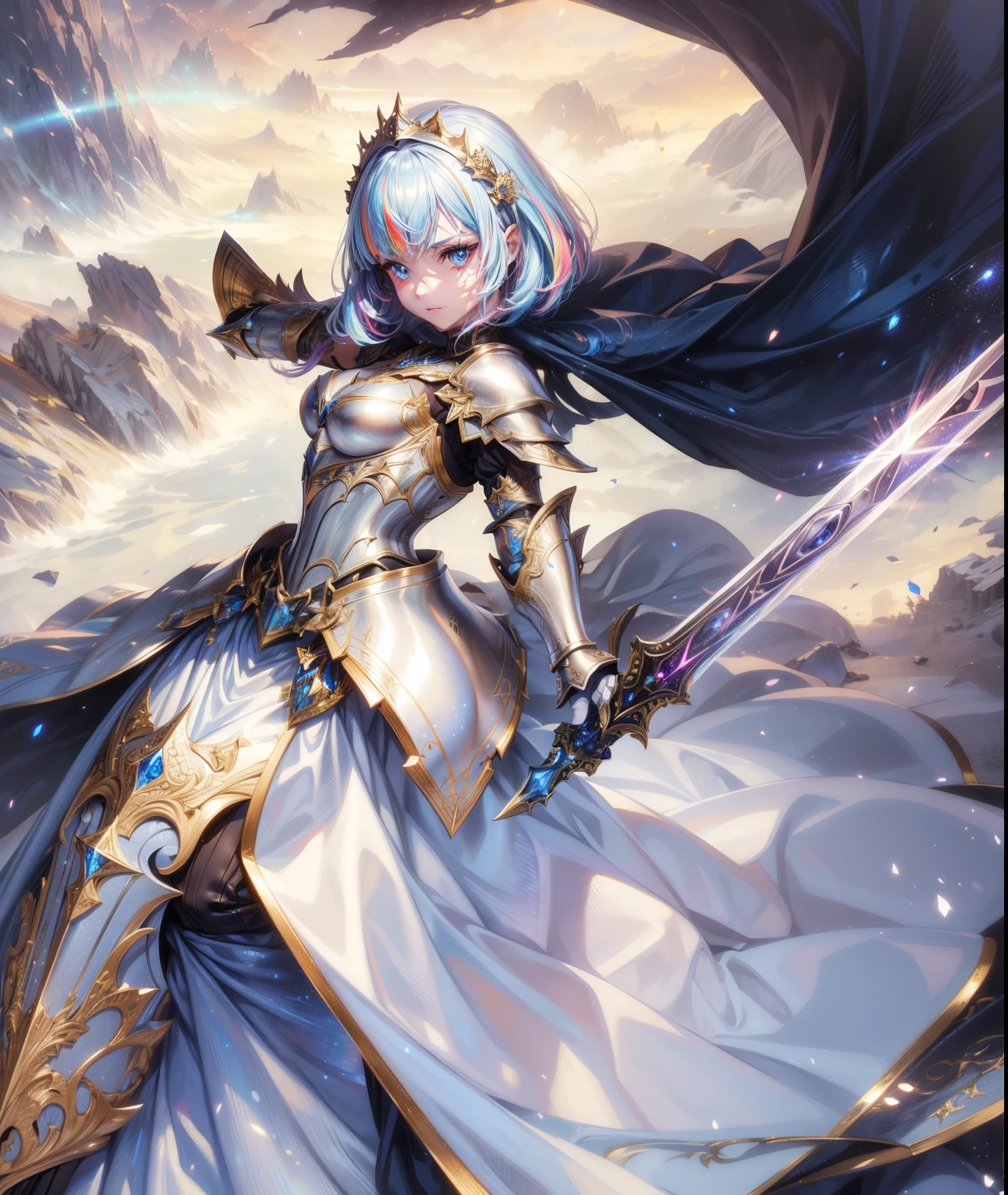 Bust ((from face to the waist)) Beauty girl in hyperrealistic detailed tight ornad elegant knight armor, detailed sharp galaxy glowing eyes, ((with glowing colorful fringe)), cinematic illumination 8k, (masterpiece), sharp focus, holding a great sword