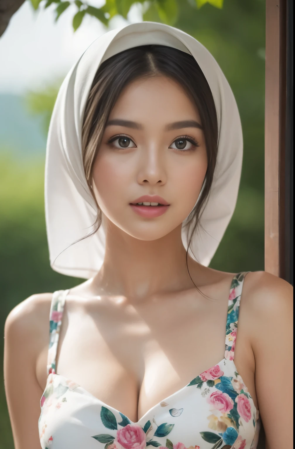 cliff, party, (Close-up of the painting style，Ultra HD 8K，Masterpiece grade CG wallpaper)，Cinematic lighting，cute girly，Delicate and beautiful face，Dreamy pupils，Wearing a small floral short summerdress,round waist,hijabi,Bust poem,Sit，Cloudy background,the trees,florals,夏天,Chinese style buildings, cleavage, magical