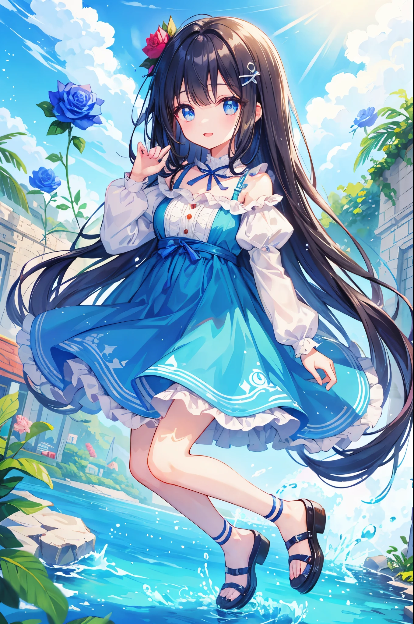 The girl is、neat hair ornament、cute surreal body bien、black hair、(detailed eyes、eyes like jewels、sparkling eyes:1.3)、open mouth smile、blue sky、Cute shoes、garden、sunlight filtering through the foliage、smelling the rose flowers、Taken from the side