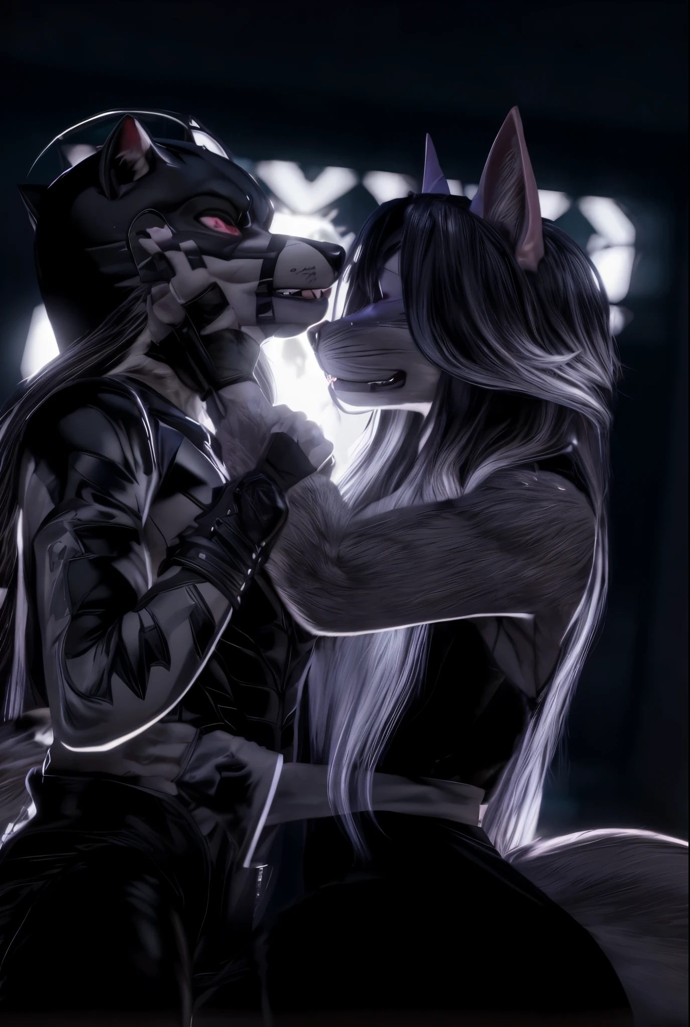 batman and catwoman kissing in the dark, kissing together cutely, rendered in sfm, pov furry art, commission for high res, kissing together, [ 4 k digital art ]!!, ( ( 3 d render ) ), furry art, lovely kiss, loish and wlop, anime. soft lighting, wlop and sakimichan, furry art!!!