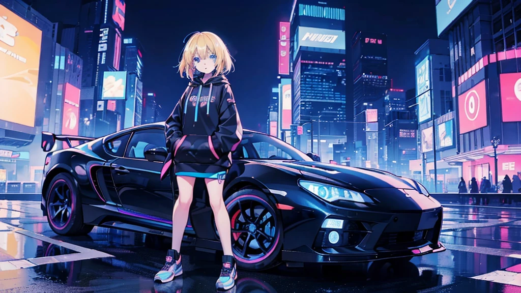 (1 girl, blonde hair, blue eyes, black hoodie, sports car, kawaii), (blue cyberpunk, night city, blue neon)