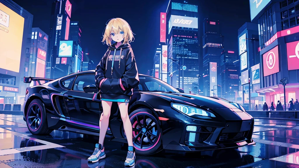 (1 girl, blonde hair, blue eyes, black hoodie, sports car, kawaii), (blue cyberpunk, night city, blue neon)