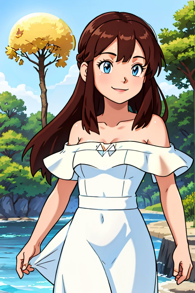 Melody, 1 girl, brown hair, blue eyes, bare shoulders, strapless, off shoulders, ruffle off the shoulder top, white maxi dress, close up headshot, intricate details, sharp focus, high resolution, the background of beautiful park with trees and canals, beautiful sunny day, smile