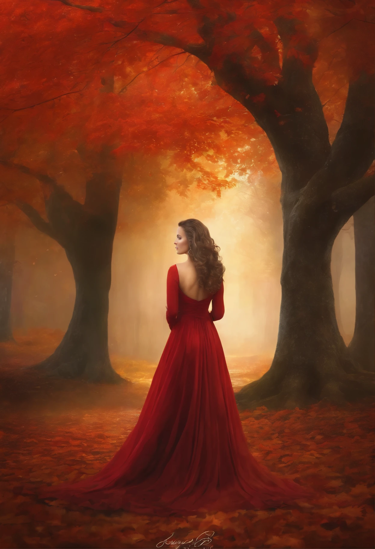 Painting of a woman in a red dress, standing under a tree, Goddess of Autumn, wonderful autumn mood, dreamlike digital painting, Magical colors and atmosphere, lost in a dreamy fairy landscape, Magical colors and atmosphere, Melancholic autumn light, moody foggy fantasy art, Standing in a mystical forest, Fantasy digital painting, autumn calm, Dreamy scene, Mystical scene, autumnal empress