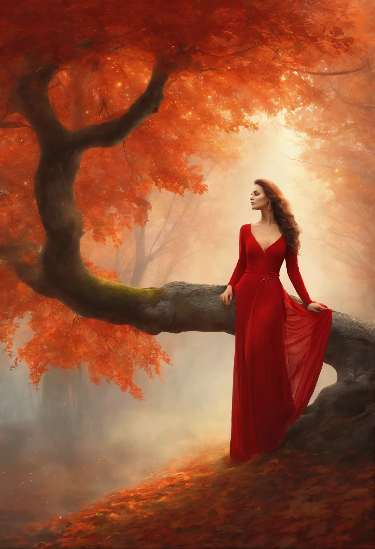Painting of a woman in a red dress, standing under a tree, Goddess of Autumn, wonderful autumn mood, dreamlike digital painting, Magical colors and atmosphere, lost in a dreamy fairy landscape, Magical colors and atmosphere, Melancholic autumn light, moody foggy fantasy art, Standing in a mystical forest, Fantasy digital painting, autumn calm, Dreamy scene, Mystical scene, autumnal empress