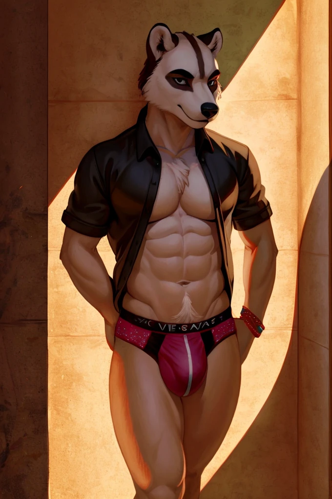 (best quality,realistic,highres:1.2),Solo,Furry,Anthro,Badger,Male,E621,Standing,Hands behind back,Wearing underwear,Plain background,Front view,By chelodoy,ultra-detailed,portraits,vivid colors,studio lighting
