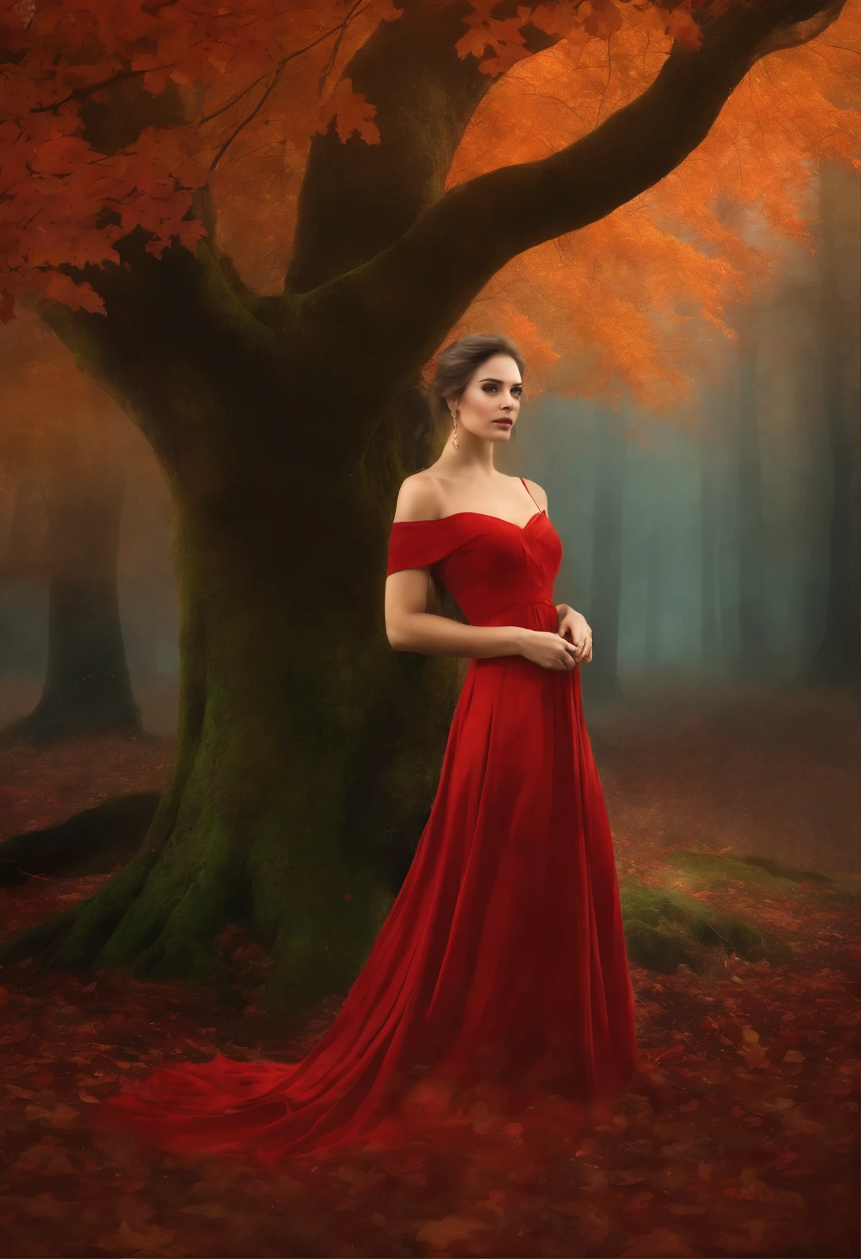 Painting of a woman in a red dress, standing under a tree, Goddess of Autumn, wonderful autumn mood, dreamlike digital painting, Magical colors and atmosphere, lost in a dreamy fairy landscape, Magical colors and atmosphere, Melancholic autumn light, moody foggy fantasy art, Standing in a mystical forest, Fantasy digital painting, autumn calm, Dreamy scene, Mystical scene, autumnal empress