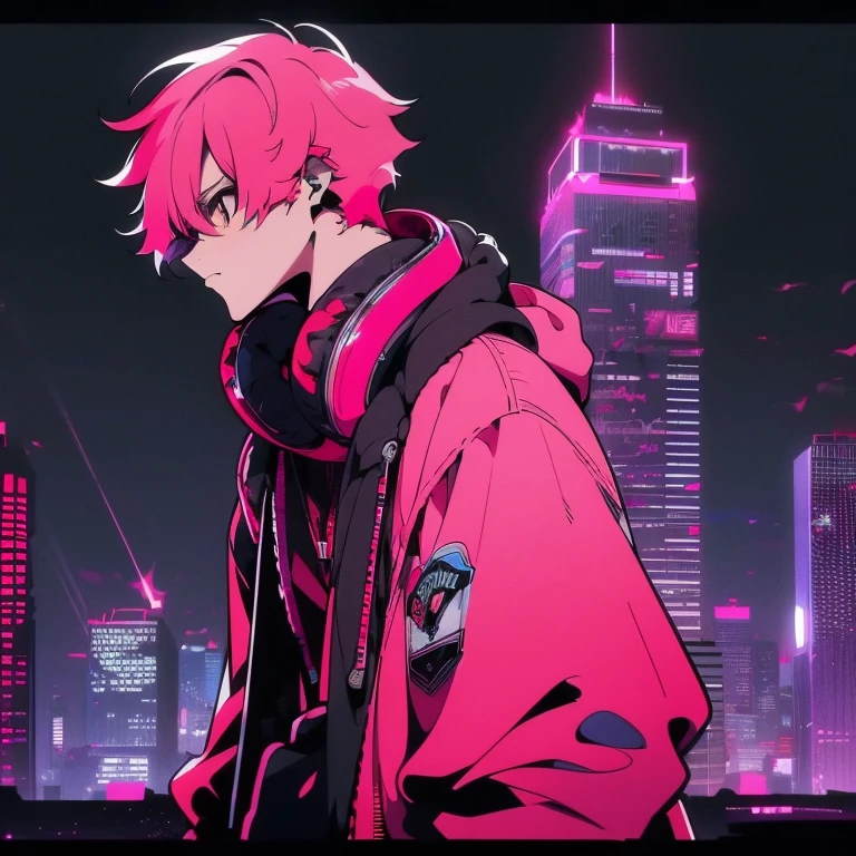 (shortcut), (two block hair), (bright pink hair), (male character), (red eyes), (cool pose), (top quality), (masterpiece), (Super detailed), (oversized hoodie), (Street style), (neon), (modern city), (neonデイライト), (cinematic), (stylish), (High resolution), (hyper-detailed), (soft town), (Nightcore), (a handsome guy), (listening to music while wearing headphones), (natural appearance of the building), (casual), (IG studio anime style), (standing pose), (Shooting from a low angle), (looking at the camera), (Koji Asai)