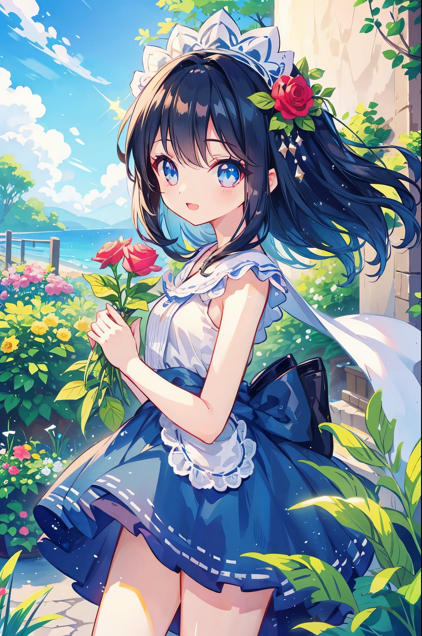 The girl is、neat hair ornament、cute surreal body bien、black hair、(detailed eyes、eyes like jewels、sparkling eyes:1.3)、open mouth smile、blue sky、Cute shoes、garden、sunlight filtering through the foliage、smelling the rose flowers、Taken from the side