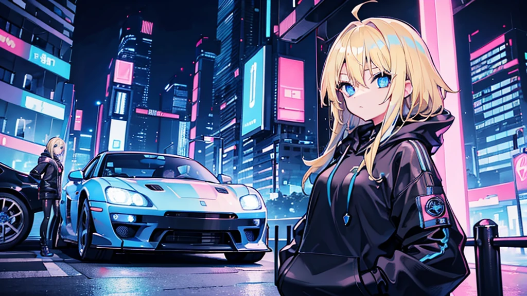 (1 girl, blonde hair, blue eyes, black hoodie, kawaii), (sports car, street racer), (blue cyberpunk, night city, blue neon)