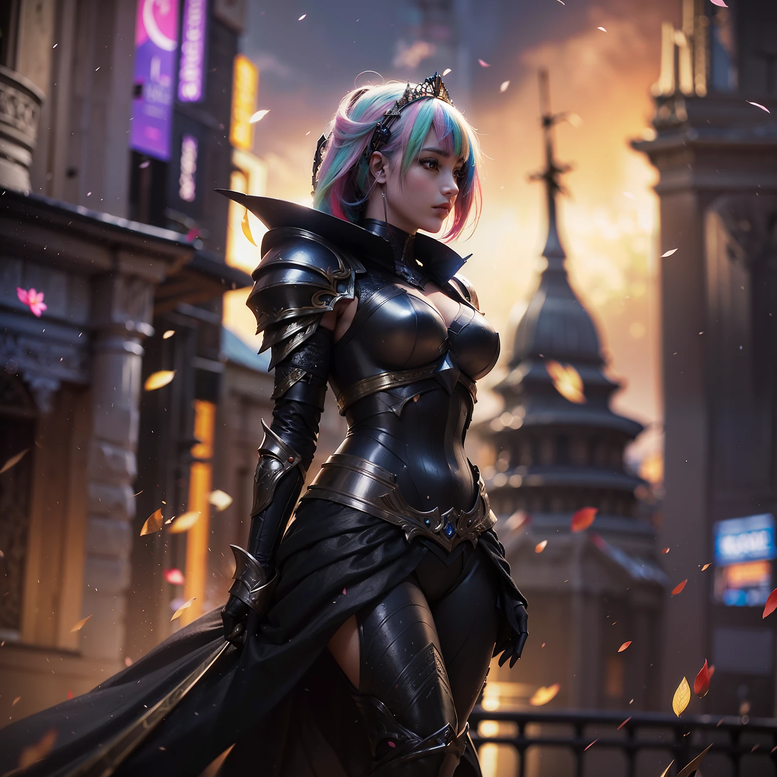 Bust ((from face to the waist)) Beauty girl in hyperrealistic detailed tight ornad elegant knight armor, detailed sharp galaxy glowing eyes, ((with glowing colorful fringe)), cinematic illumination 8k, (masterpiece), sharp focus, cherry petals rain