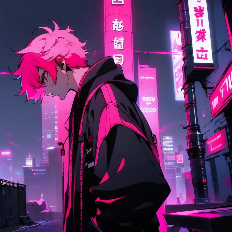 (shortcut), (two block hair), (bright pink hair), (male character), (red eyes), (cool pose), (top quality), (masterpiece), (Super detailed), (oversized hoodie), (Street style), (neon), (modern city), (neonデイライト), (cinematic), (stylish), (High resolution), (hyper-detailed), (soft town), (Nightcore), (a handsome guy), (listening to music while wearing headphones), (natural appearance of the building), (casual), (IG studio anime style), (standing pose), (Shooting from a low angle), (looking at the camera),
