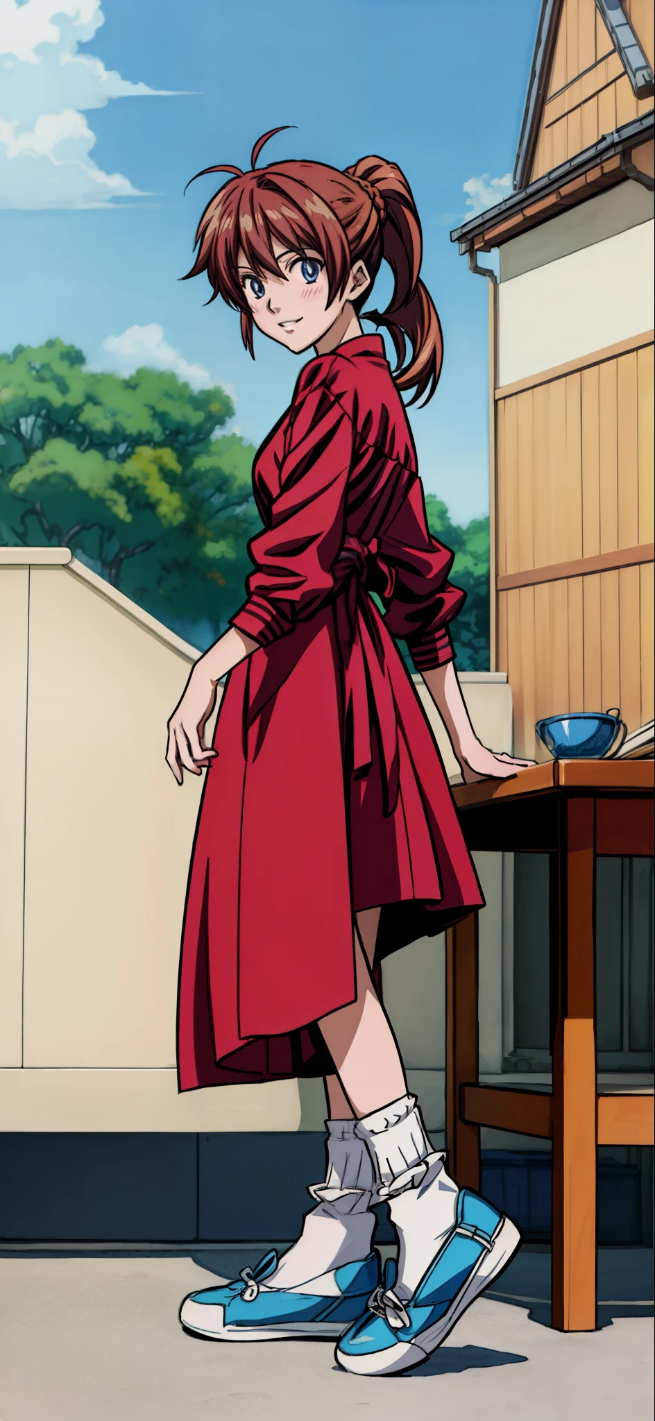 (highest quality,4K,8K,High resolution,table top:1.2), Super detailed, (realistic,photorealistic,photo-realistic:1.37), active beautiful girl, turn your arms behind your back,), (blush),(smile),((caramel hair color)),((medium long hair)),((ponytail hairstyle)), ((messy hair)),((hair covers eyes)),((Long dress with small floral pattern)), spread your legs,((socks)),(sneakers),espadrilles,beautiful and detailed eyes, beautiful detailed lips, highly detailed eyes and face, long eyelashes, realistic anime 3D style, Smooth anime CG art, Digital rendering by Makoto Shinkai, Moe anime art style, photorealistic rendering of an anime girl, Shinkai Makoto style, Cute anime girl visuals, realistic young anime girl, girl fan art, Created by Anime Artist'studio of.