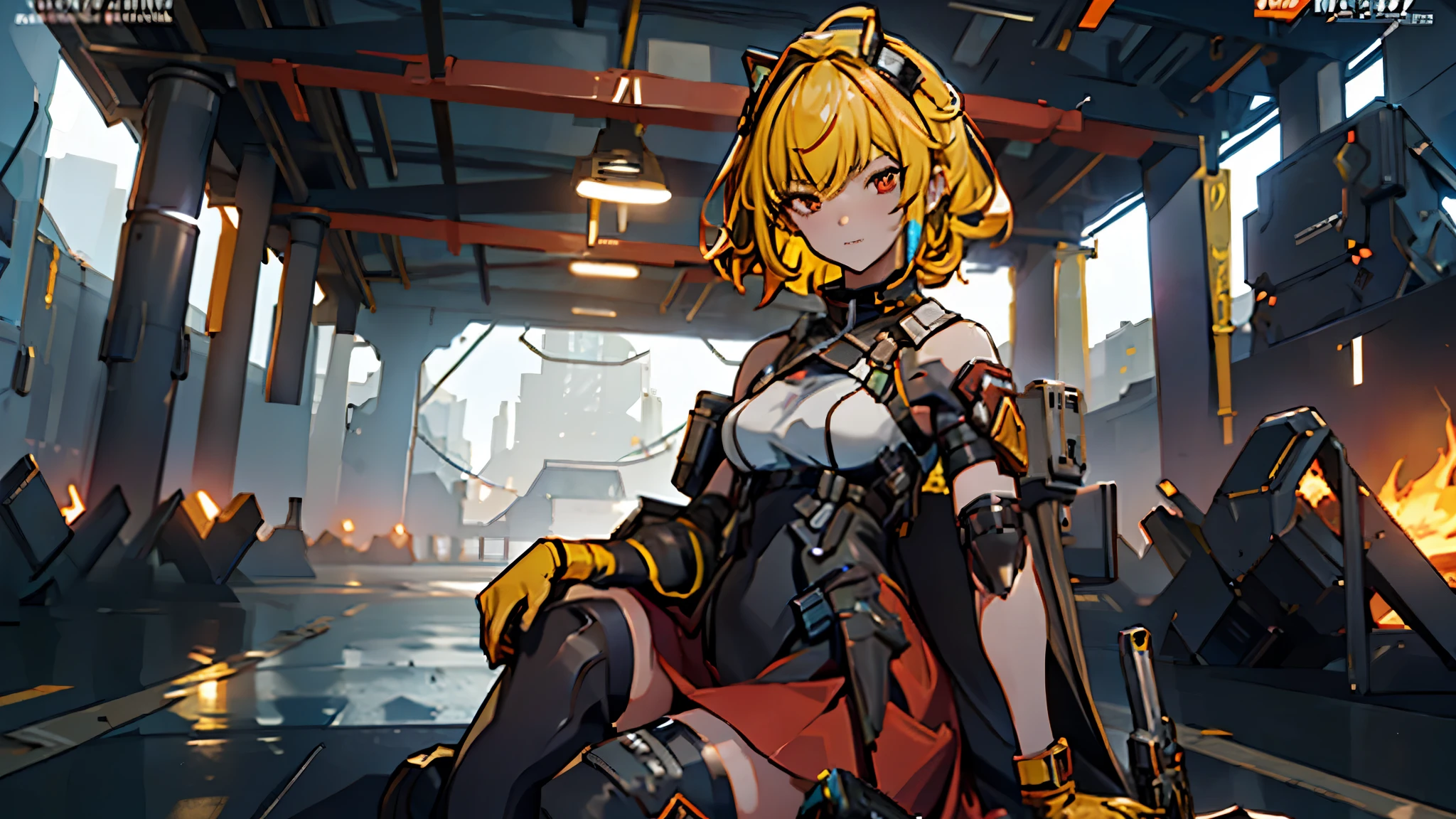 The alone young girl , short yellow hair , red eyes , white chest binder , combat suit, black skirt , high knee sock , black crown , lie down , sexy pose , shotgun , sci-fi city , Spark effect , Lightning Efect , Thunderbolt , High detail mature face, high res, ultra sharp, She stands confidently in the center of the poster，Fighting a enemy like mechanic cyborg，a determined expression on her face。The background is dark and gritty，There is a sense of danger and a strong feeling。The text is bold and eye-catching，With catchy slogans，Adds to the overall drama and excitement。The color palette is dominated by dark colors，Dotted with bright colors，Make the poster dynamic and visually striking，(Magazines:1.3), (Cover-style:1.3), Fashion, vibrant, Outfit, posing on a, Front, rich colorful，Background with，element in，self-assured，Expressing the，halter，statement，Attachment，A majestic，coil，Runt，Touching pubic area，Scenes，text，Cover of a，boldness，attention-grabbing，titles，Fashion，typeface，，Best quality at best，Hyper-detailing，8K ，hyper HD