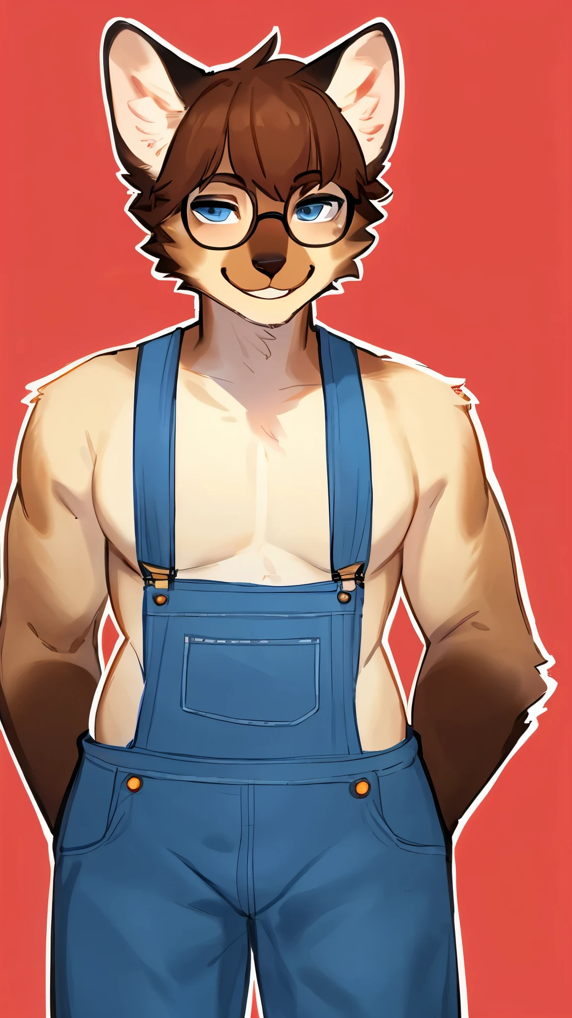 By bebebebebe, by lostgoose, by goonie-san, solo, snout, ears, feline, siamese cat, pale blue eyes, brown hair, short hair, hair bangs, muscular, smiling, happy, ((curvy)), brown upper face, offwhite fur, denim overalls only, just wearing overalls, nude besides overalls, male, (adult, mature), ((red rectangular glasses))