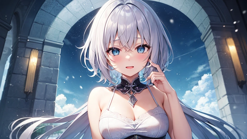 super high quality, with a girl, 20-year-old, very short hair, long bangs between the eyes, pale blue eyes , blue sky, sunlight, very detailed,(masterpiece、highest quality)、alone、gray hair、laughter、White skin as clear as snow、fantasy, silver hair, black eye, beautiful eyes,, ecstasy, charm, be smitten with audience, fantasyな風景、evening