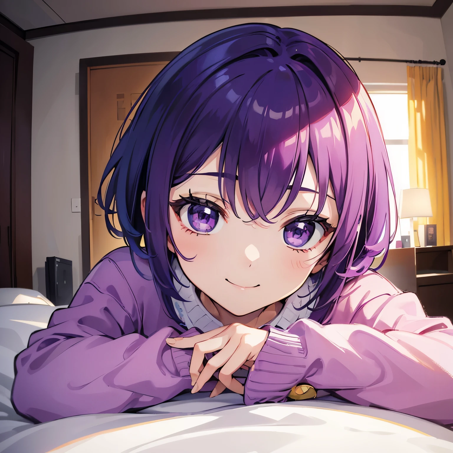 (T Masterpiece,4k wallpaper,best quality))、((girl1people))、(solo)、Brilliant,(purple hair)、(shortcut:1.3)、close up of face、smile、Bedroom、morning、sweater