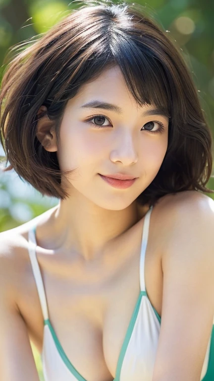 A portrait of an 18-year-old Japanese woman with specific features and black short bob hair, wearing either a bikini or underwear, set against a background of either a forest, the sea, or a bedroom. The woman has an oval face shape with a slight roundness, large almond-shaped eyes with long, curled eyelashes and a slight upward tilt at the outer corners, natural eyebrows with a gentle arch and slightly upturned ends, a delicate and straight nose with a rounded tip and unobtrusive nostrils, a medium-sized mouth with a thinner upper lip and slightly thicker lower lip, gently upturned mouth corners when smiling, and smooth, clear skin with a natural, healthy complexion.