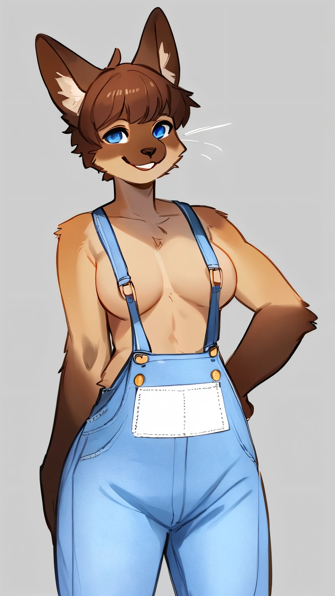 By bebebebebe, by lostgoose, by goonie-san, solo, snout, ears, feline, siamese cat, pale blue eyes, brown hair, short hair, hair bangs, muscular, smiling, happy, ((curvy)), brown upper face, offwhite fur, denim overalls only, just wearing overalls, nude besides overalls, female, medium breasts, (adult, mature)