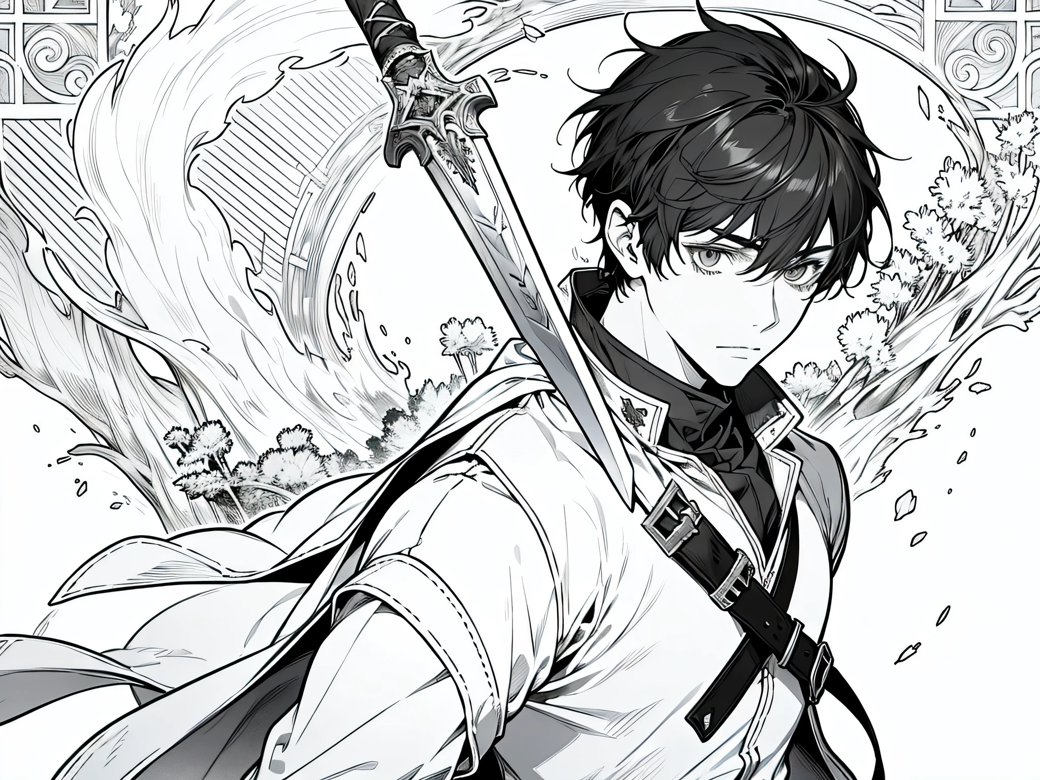 1 young man (adventurer), wearing Grimgar of Fantasy and Ash adventurer outfit style, bring sword on his back, face to detail, black eyes, detailed eyes, black hair, short hair, the background is forest, monochrome (clear line, lineart)