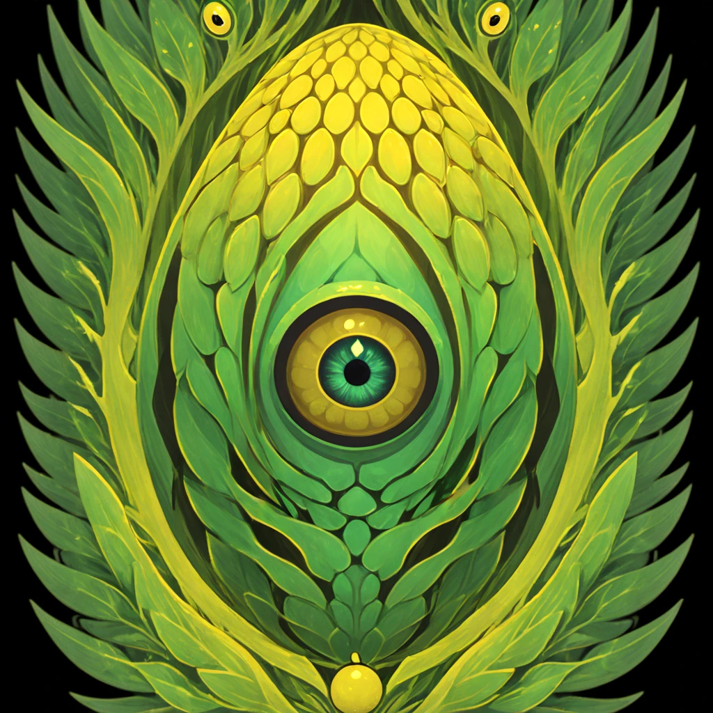 A green cocoon with eyes that is surrounded by yellow stun spores, in card art style