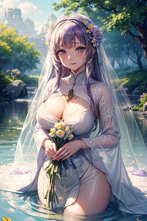 ((top quality)),(ultra high resolution),(Super detailed),(detailed description),((the most picturesque works of art),super precision art,amazing art of depiction,fantasy art:1.5, ((綺麗なおflower々:1.8)), (flowerに侵食された体:1.3),(glamorous body:1.5),fancy background effects、masterpiece、fancy details、(NSFW 1.1), ((1 female)), ((muste piece)), ((extremely detailed:1.3)), ((Beautiful woman entering the lake in crystal clear water)), ((beautiful long hair)), wet hair, wearing a transparent dress, Bathing clothed, (水に浮かぶバラのflowerびら:1.5), (early morning light), ivory gold AI, windows, crepuscular lighting, (very huge boobs)、pink nipples、pink areola,Transparent pink areola、((Transparent pure white wedding dress that shows your skin、Detailed design))、Arranged,intimate, rose garden、colorful roses、lake with floating roses、wet body、(頭にflowerの装飾)、大きなflowerいっぱい、solo, water play, flowerいっぱいの髪飾り, flower々, sky porn,Pure white dress that becomes transparent when wet, shines wet with water、(muste piece),(Highly detailed CG Unity 8K wallpaper),best quality,cinematic lighting,detailed background,beautiful detailed eyes,bright pupils, (very delicate and beautiful),(Beautiful and detailed eyes),((muste piece)),(Purple eyes)
