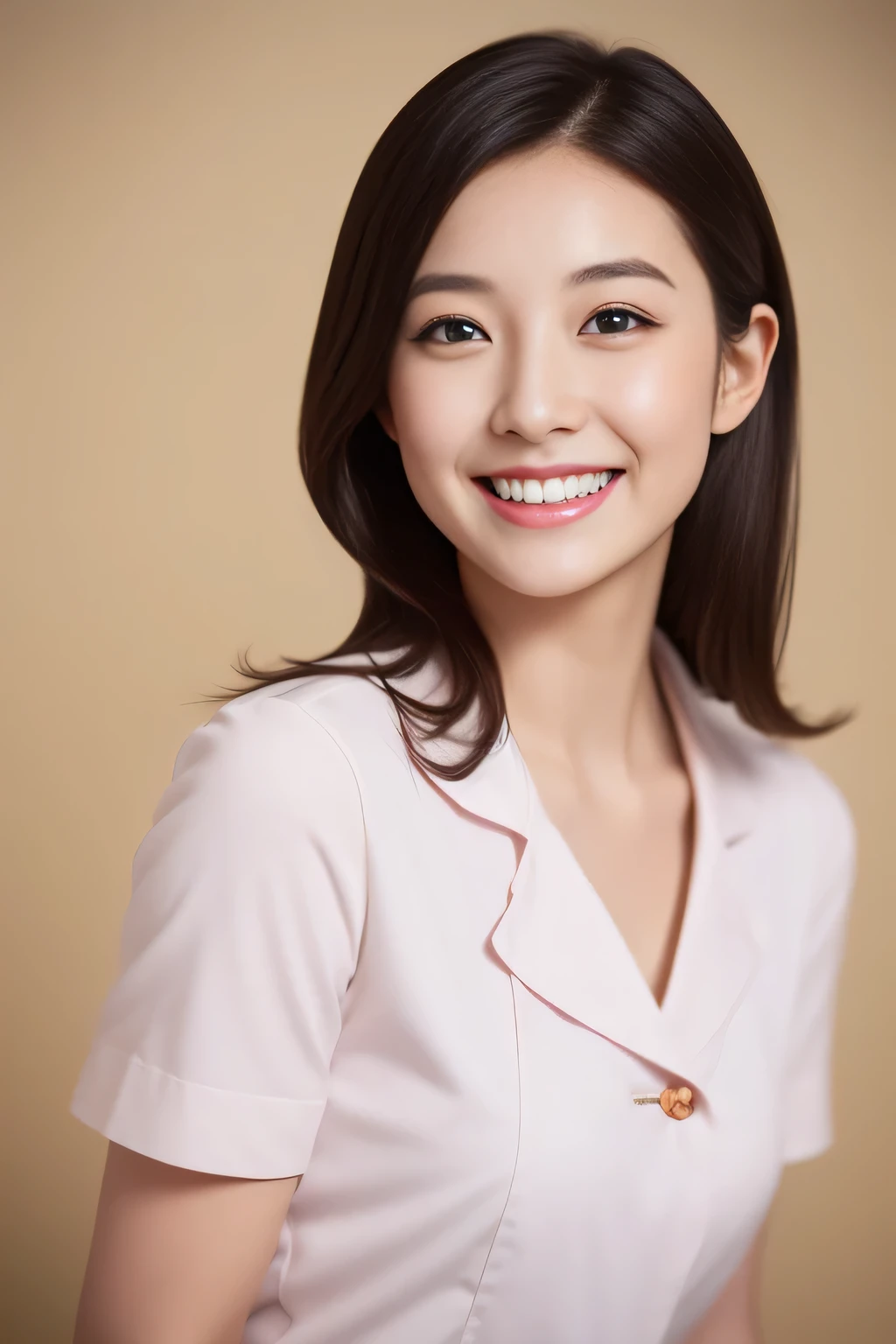 Miss Cabaret、white nurse uniform、1 person、high quality、surreal、healthy、smile、Perfect slender figure、beauty of japan、beautiful eyes、perfect face、beautiful skin、The background is pink